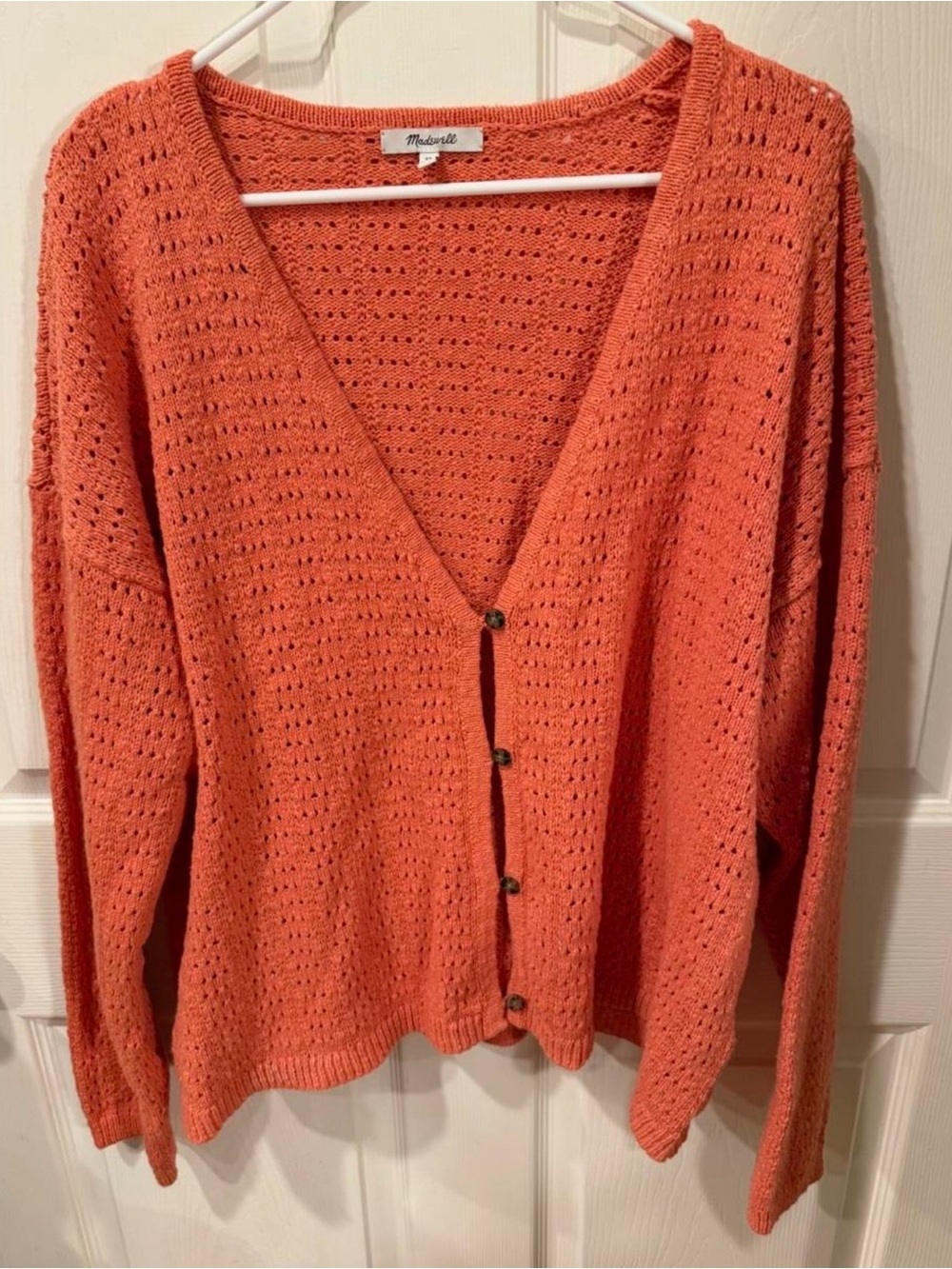 Madewell Coral Open-Knit Button-Front Sweater
